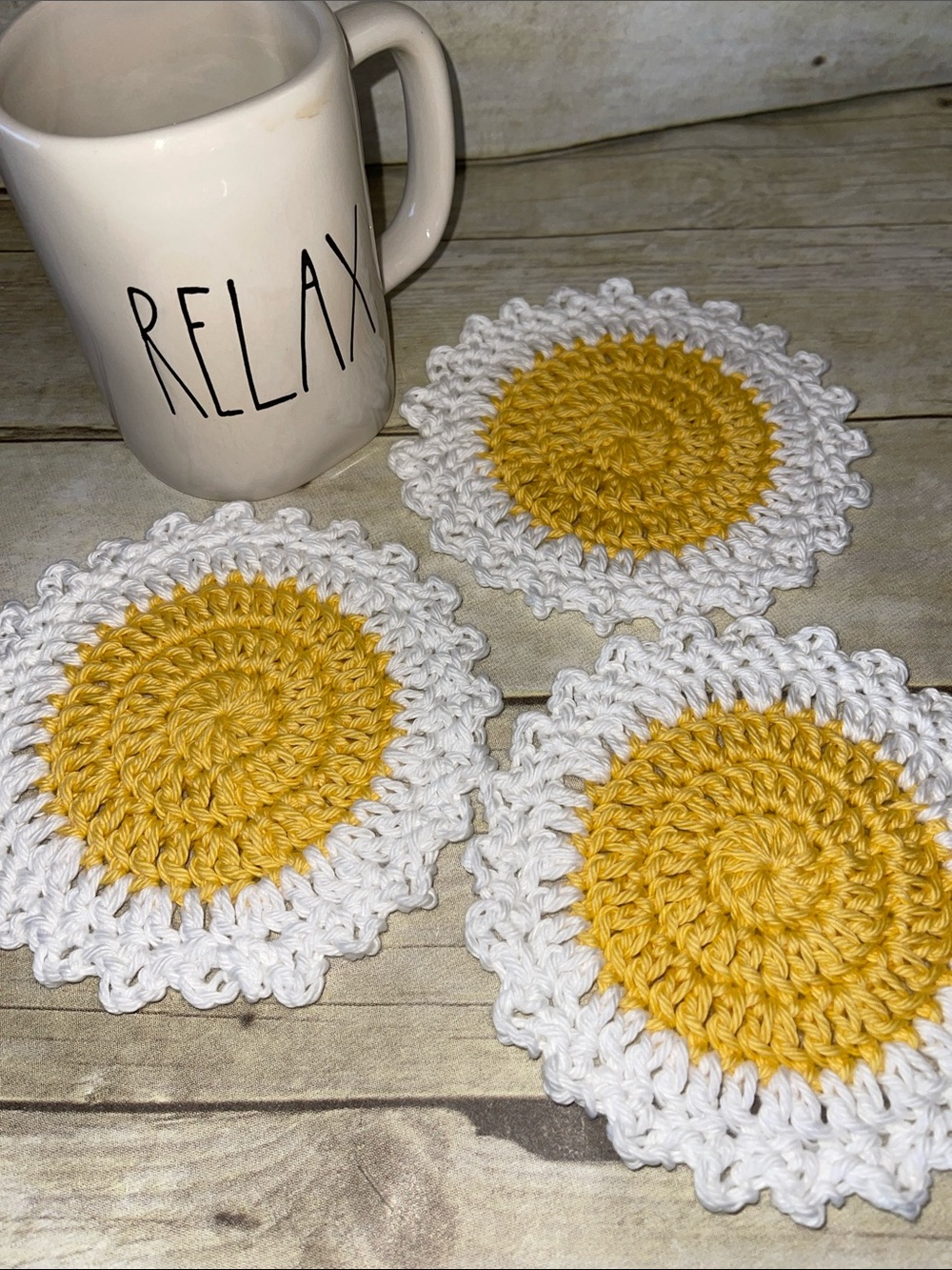 Daisies Coasters Set of Three 5 1/2 Inches each Handmade Crochet